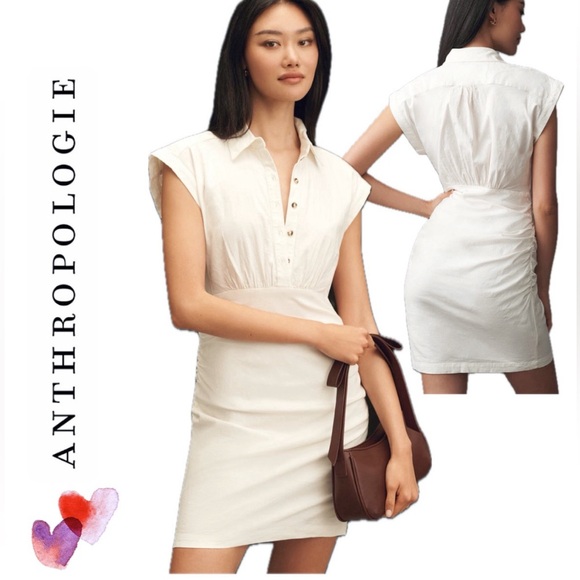 Anthropologie Cap Sleeve Collared Linen Rouched Mini Dress Medium. Summer dress - Picture 3 of 15